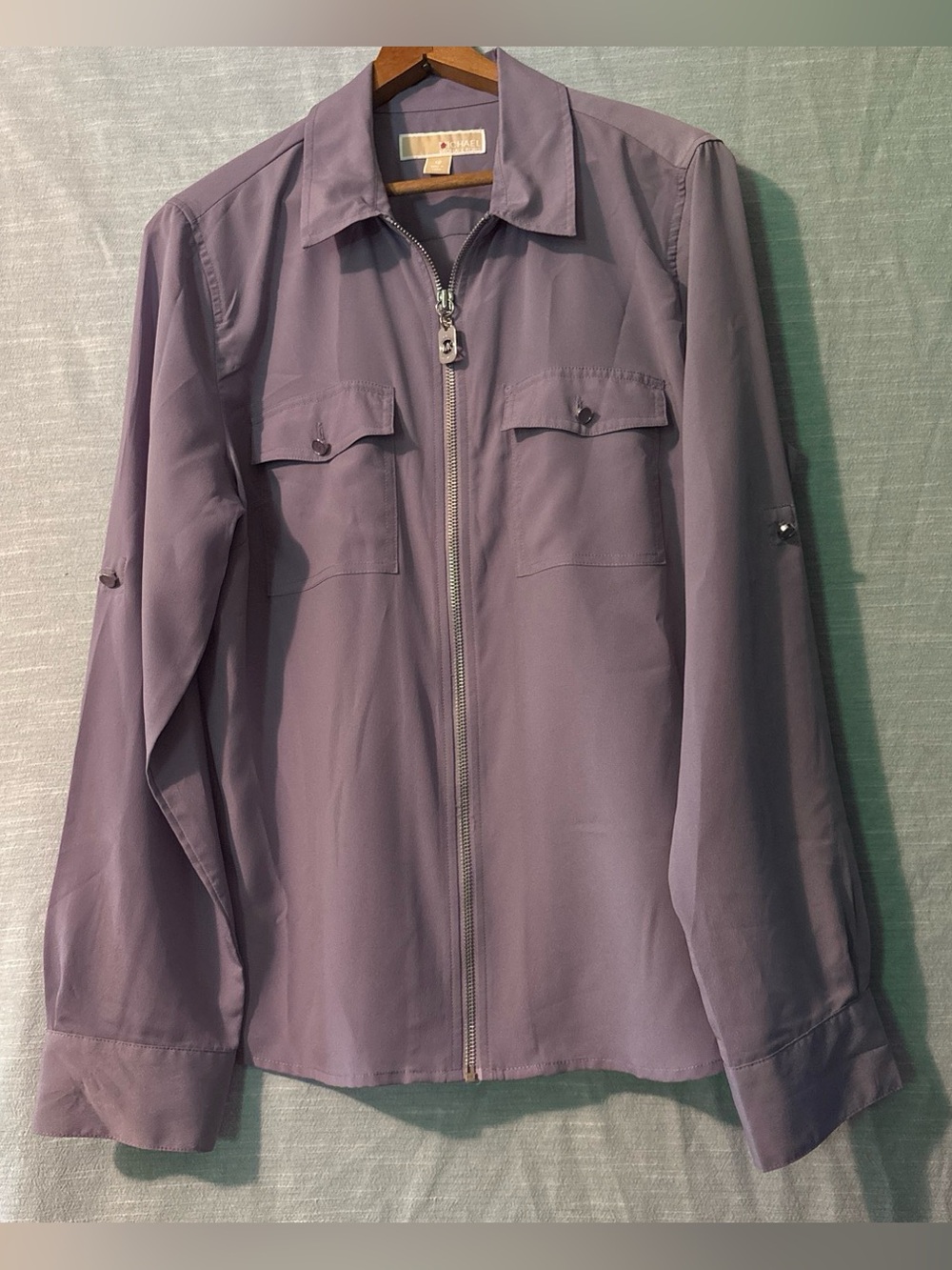 Michael Kors Blouse Zip Up Long Tab Sleeves Lavender Women’s Sz 12 - Picture 1 of 7